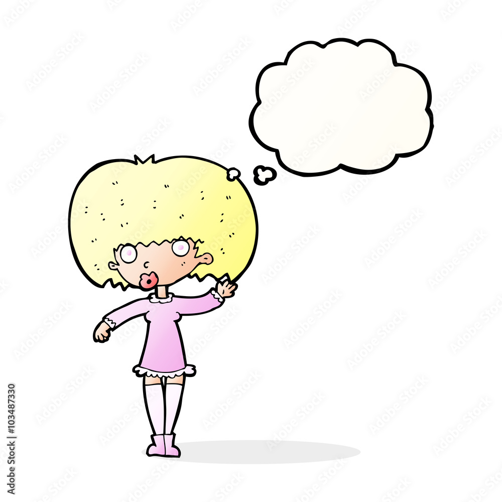 cartoon waving girl with thought bubble cartoon waving girl with thought bubble