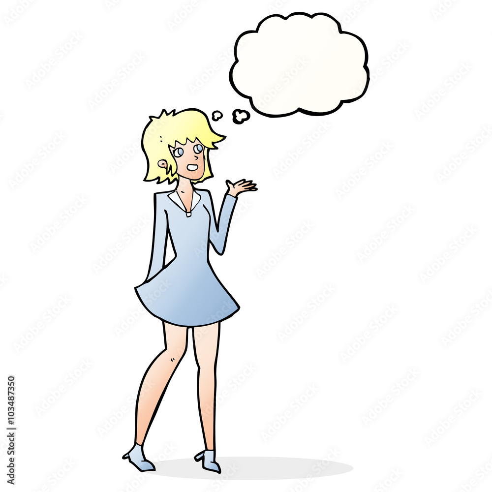 cartoon pretty woman in dress with thought bubble cartoon pretty woman in dress with thought bubble