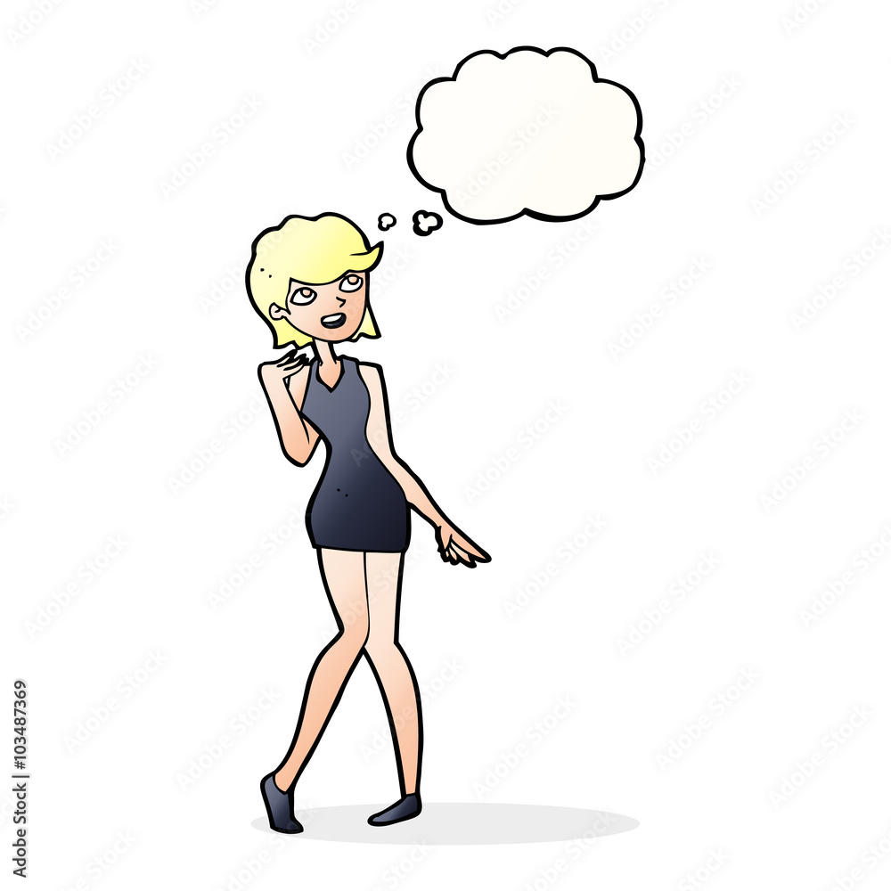 cartoon woman in cocktail dress with thought bubble cartoon woman in cocktail dress with thought bubble