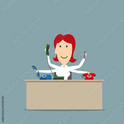 Multitasking secretary talking on several phones