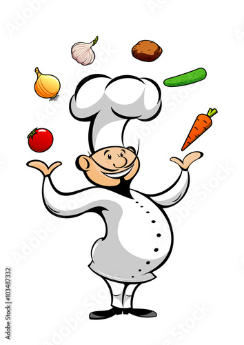 Cartoon chef juggling fresh vegetables
