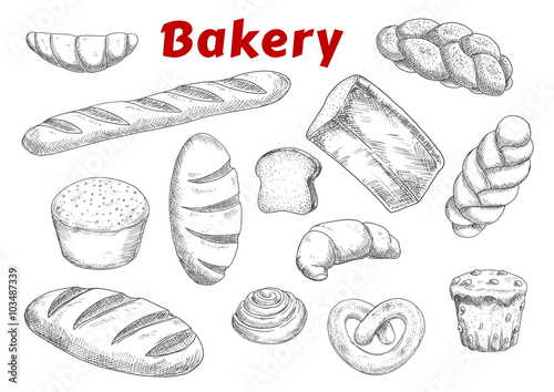 Bakery sketches with bread and pastry