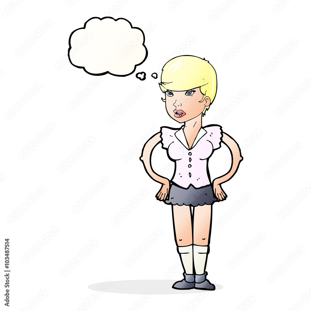 cartoon woman with hands on hips with thought bubble cartoon woman with hands on hips with thought bubble