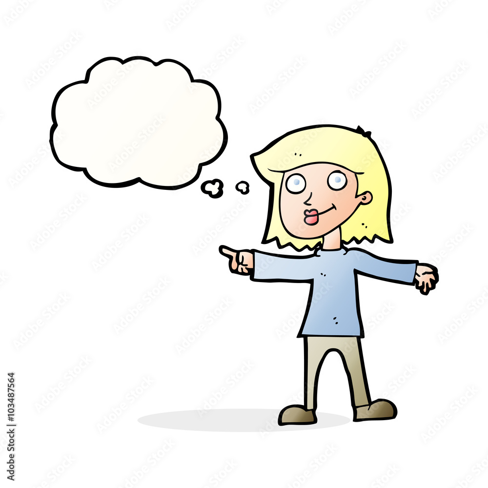 cartoon happy woman pointing with thought bubble cartoon happy woman pointing with thought bubble