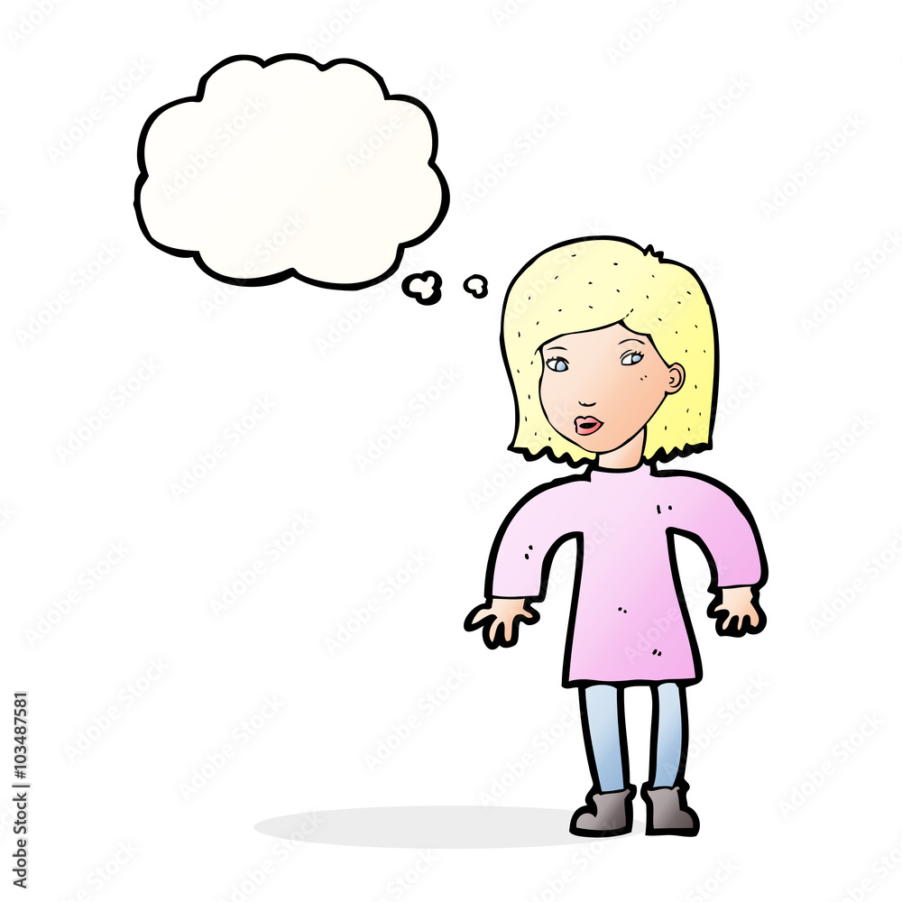 cartoon cautious woman with thought bubble cartoon cautious woman with thought bubble