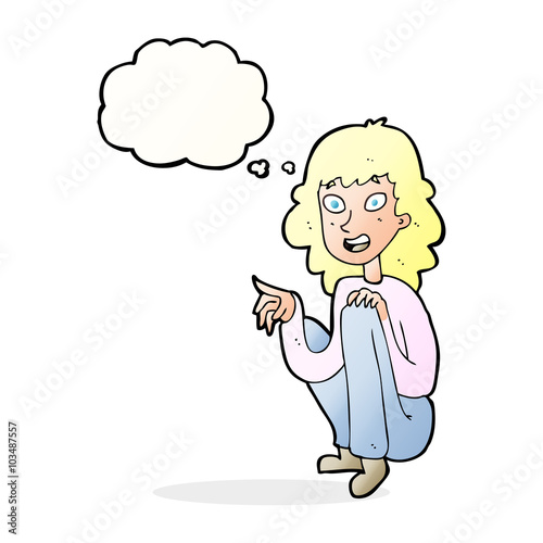 cartoon happy woman sitting and pointing with thought bubble
