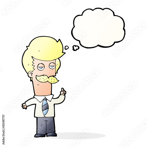 cartoon mna with mustache explaining with thought bubble