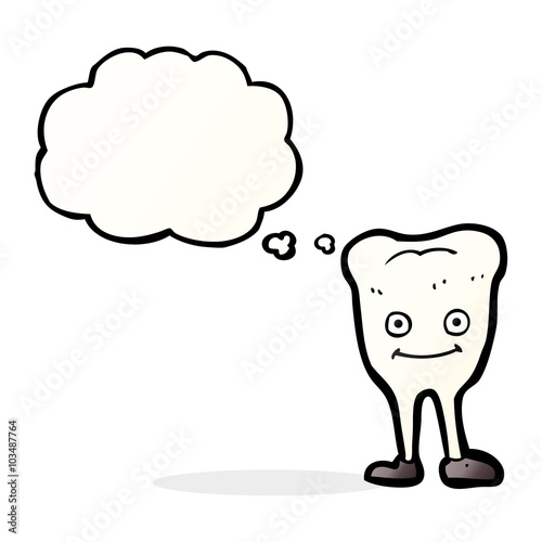 cartoon happy tooth with thought bubble