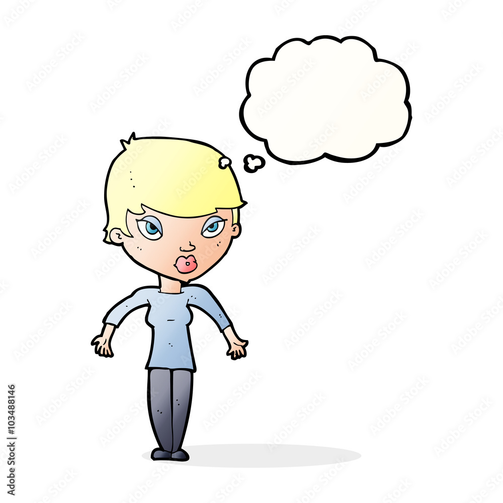 cartoon woman shrugging shoulders with thought bubble cartoon woman shrugging shoulders with thought bubble