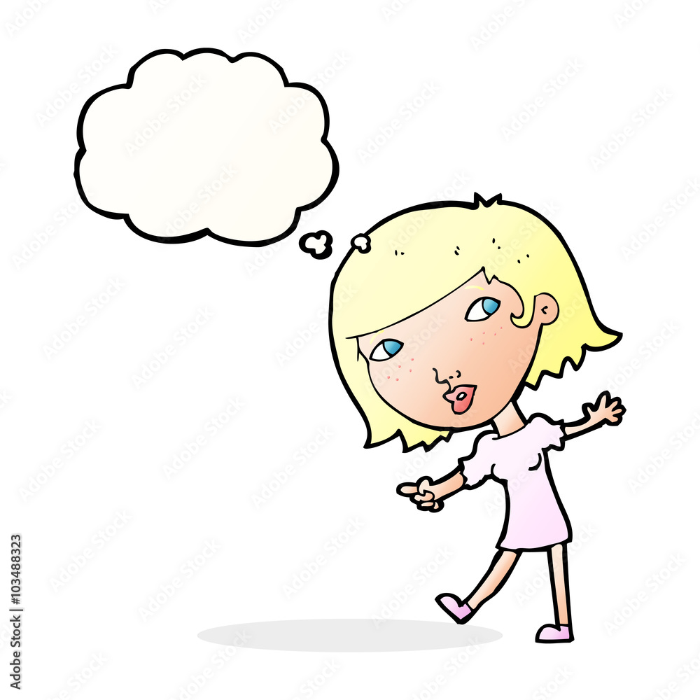 cartoon happy girl gesturing to follow with thought bubble cartoon happy girl gesturing to follow with thought bubble
