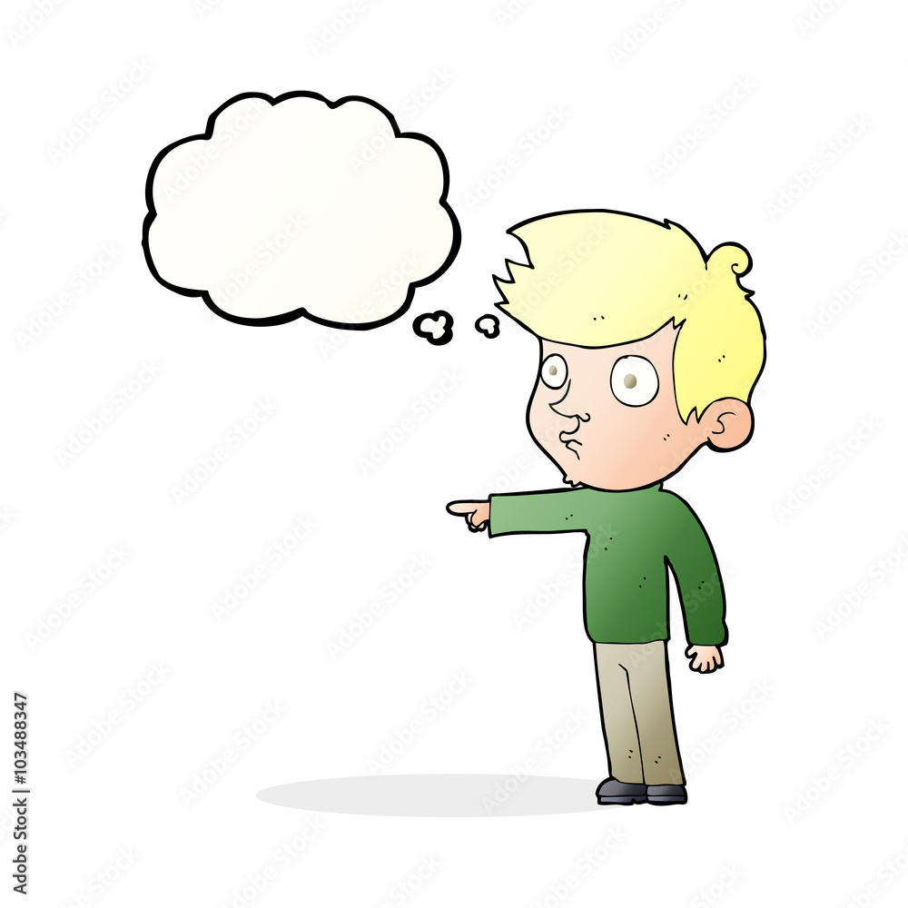 Fototapeta premium cartoon pointing boy with thought bubble