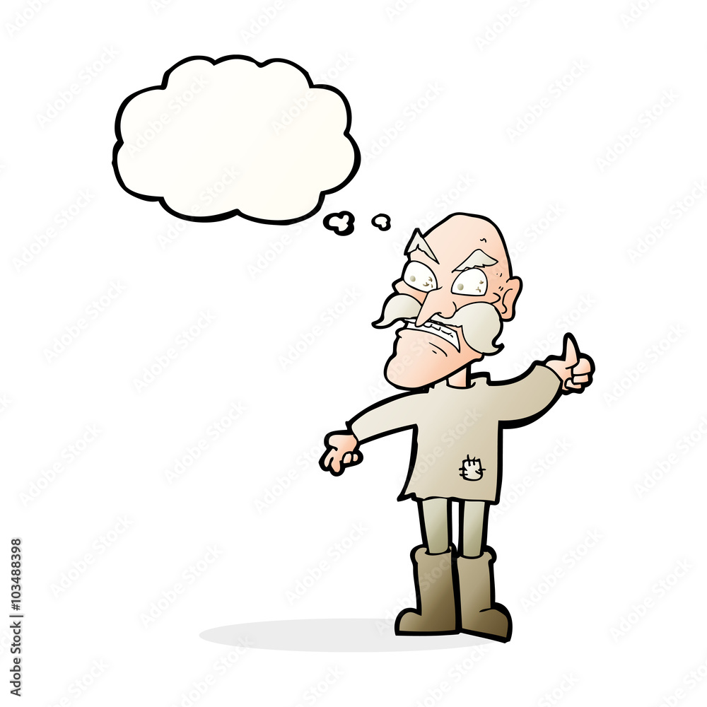 cartoon angry old man in patched clothing with thought bubble