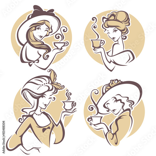 set of different historical womans with cup of tea, logo for res