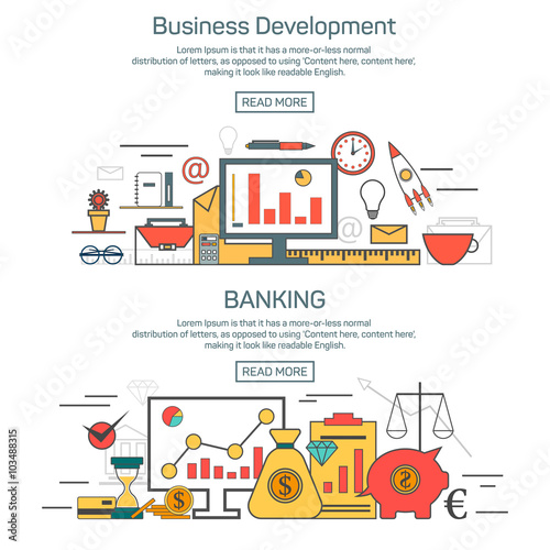 Business development and banking banner concepts in linear style design. Thin line vector illustration