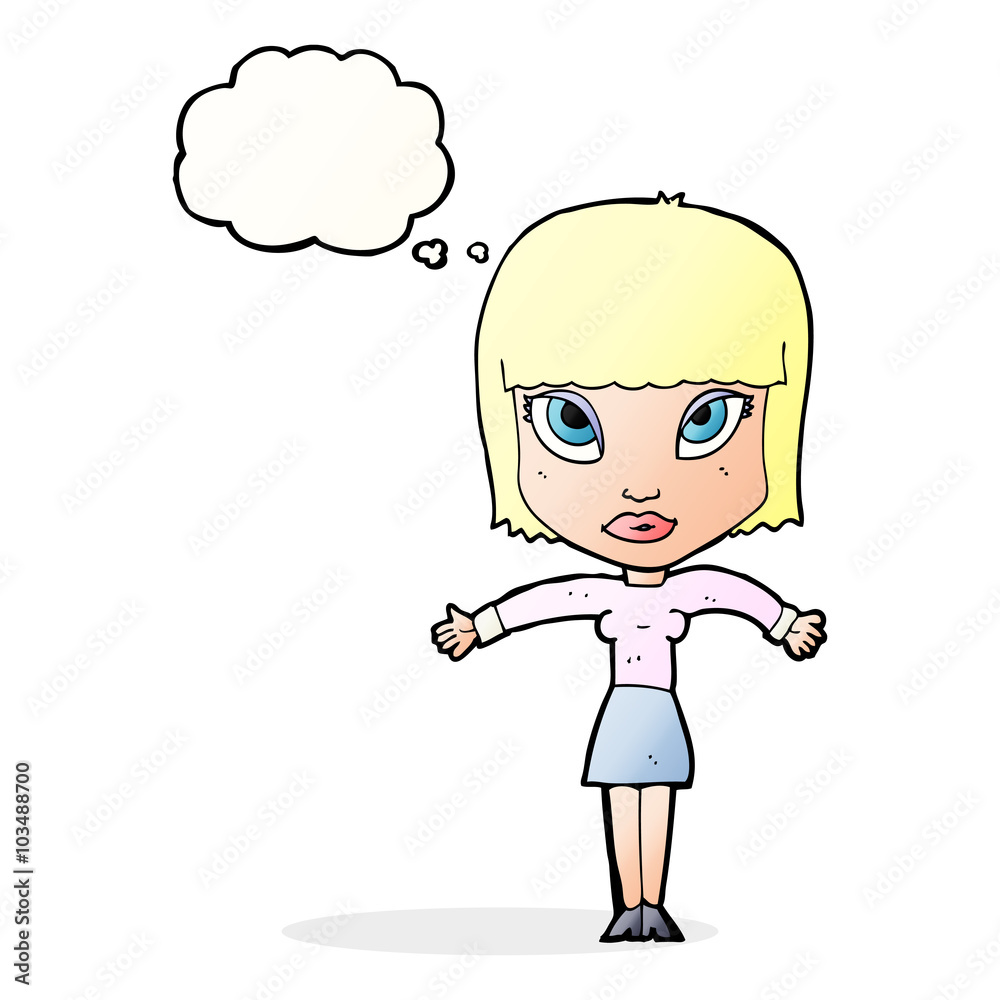cartoon woman shrugging with thought bubble cartoon woman shrugging with thought bubble