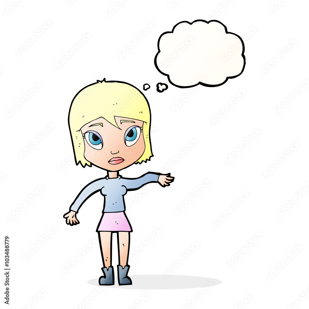 cartoon woman waving hand with thought bubble cartoon woman waving hand with thought bubble