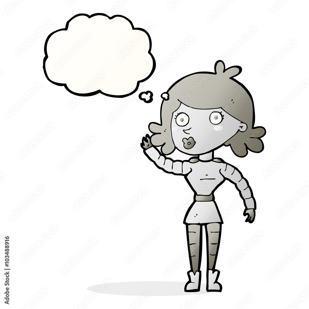 cartoon robot woman waving with thought bubble cartoon robot woman waving with thought bubble
