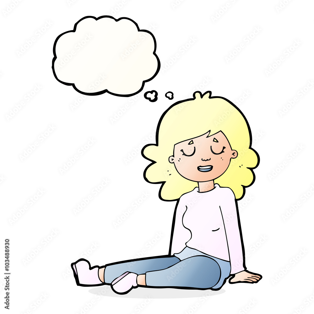 cartoon happy woman sitting on floor with thought bubble cartoon happy woman sitting on floor with thought bubble