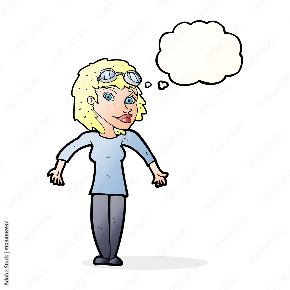 cartoon woman wearing goggles with thought bubble cartoon woman wearing goggles with thought bubble