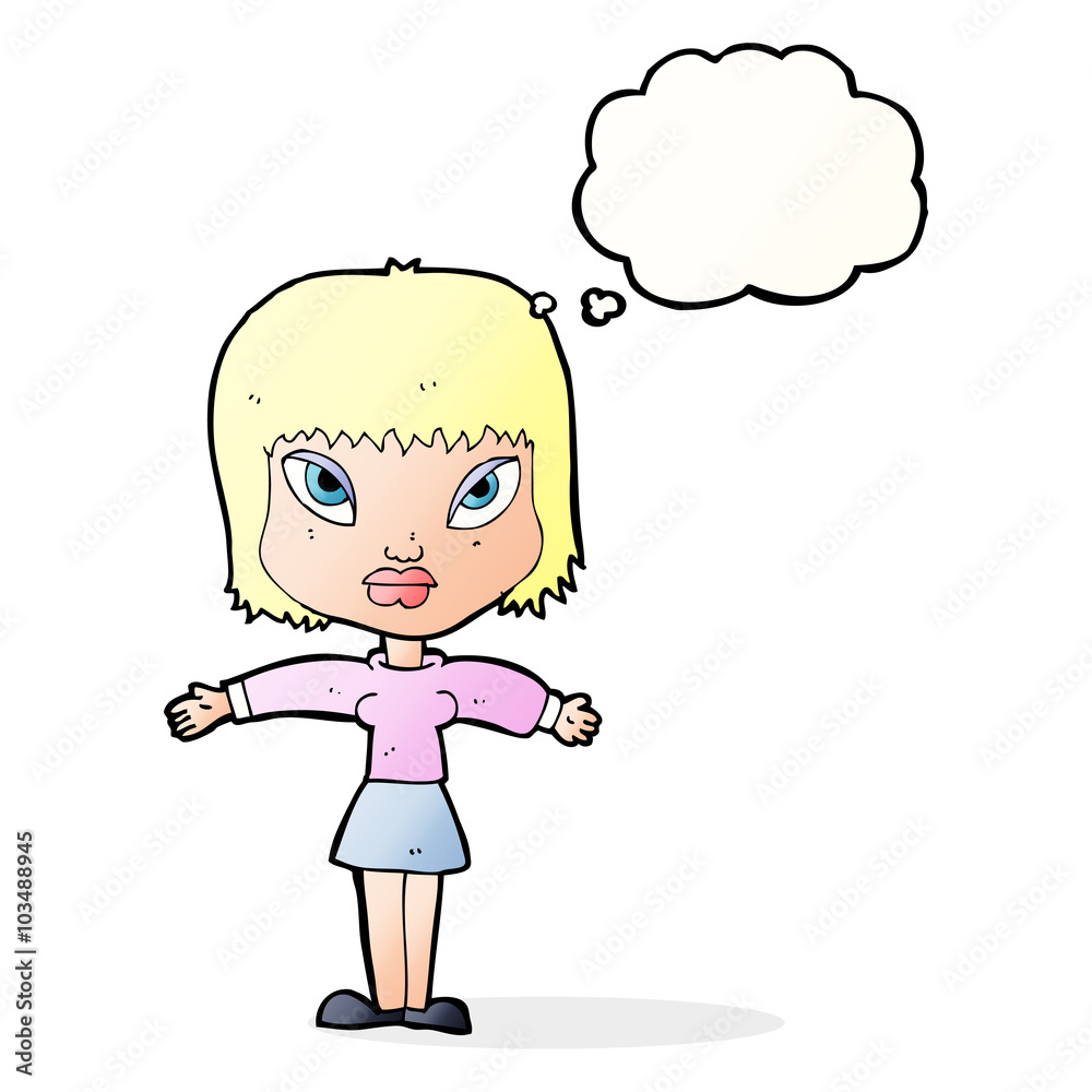 cartoon woman with outstretched arms with thought bubble cartoon woman with outstretched arms with thought bubble