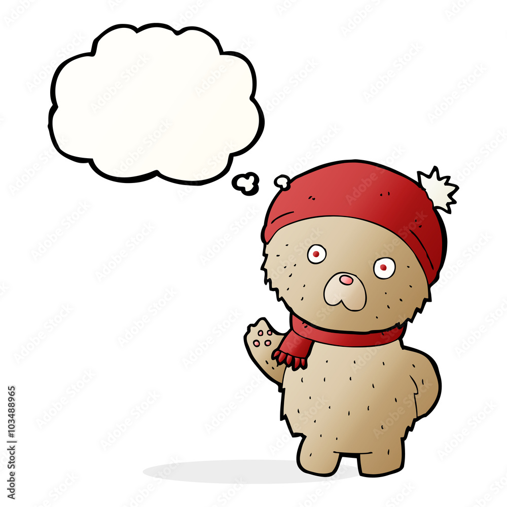 cartoon teddy bear in winter hat and scarf with thought bubble cartoon teddy bear in winter hat and scarf with thought bubble