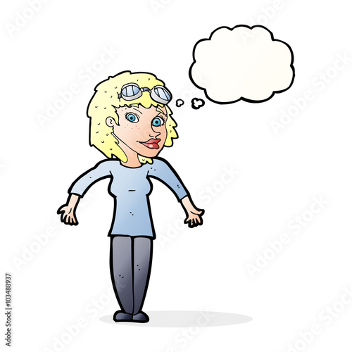 cartoon woman wearing goggles with thought bubble