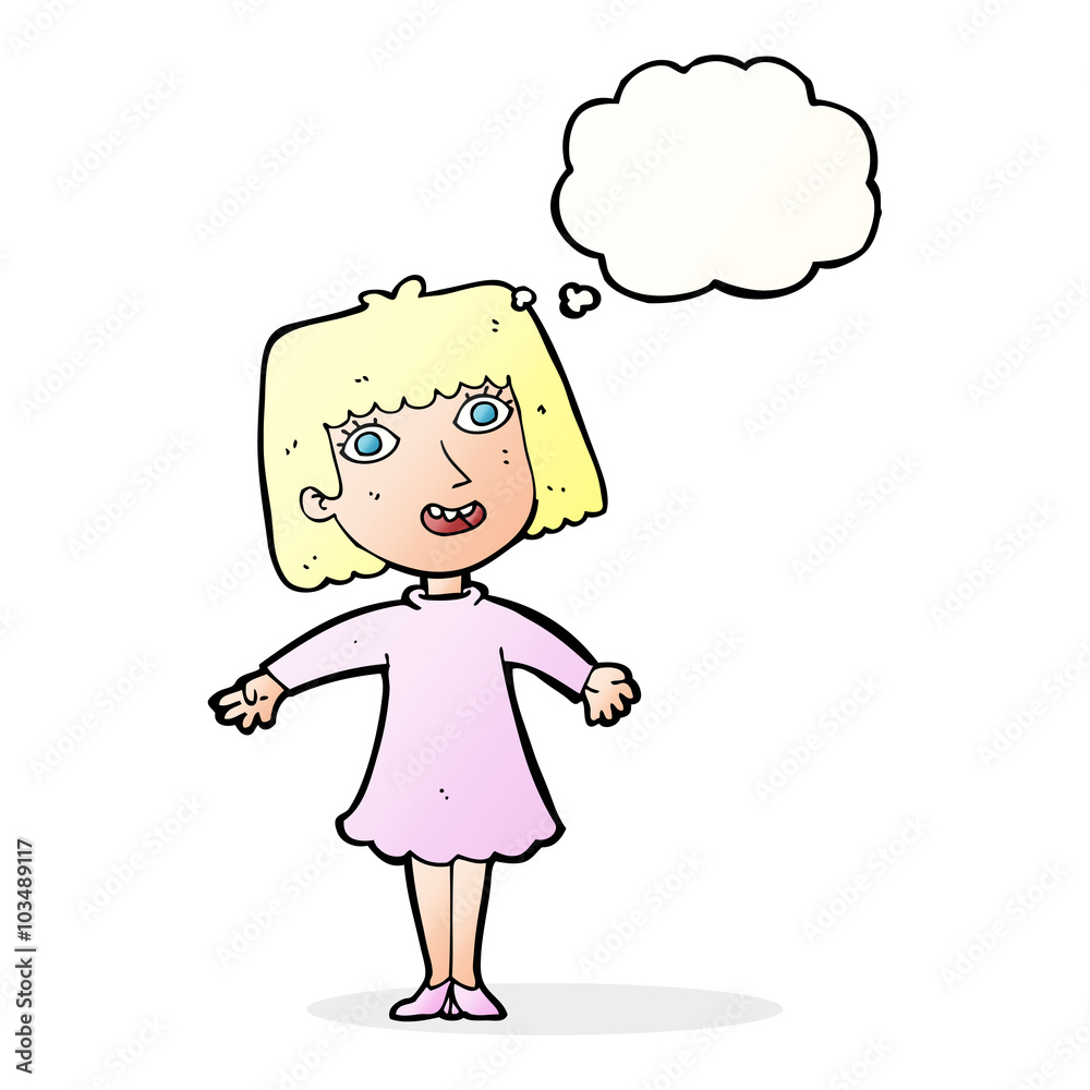 cartoon happy woman in dress with thought bubble cartoon happy woman in dress with thought bubble