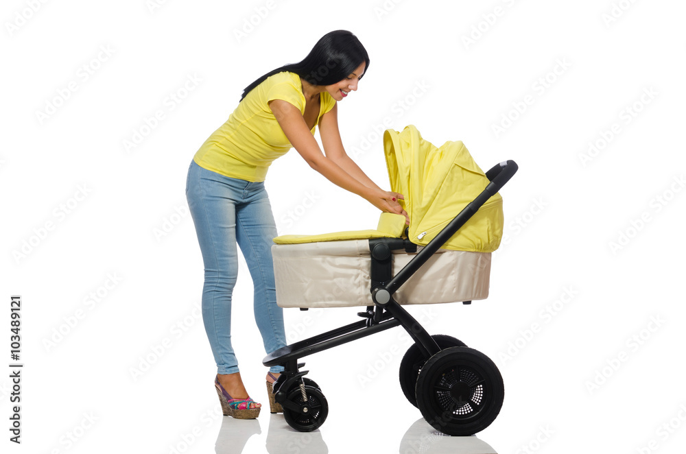 Woman with baby and pram isolated on white Woman with baby and pram isolated on white