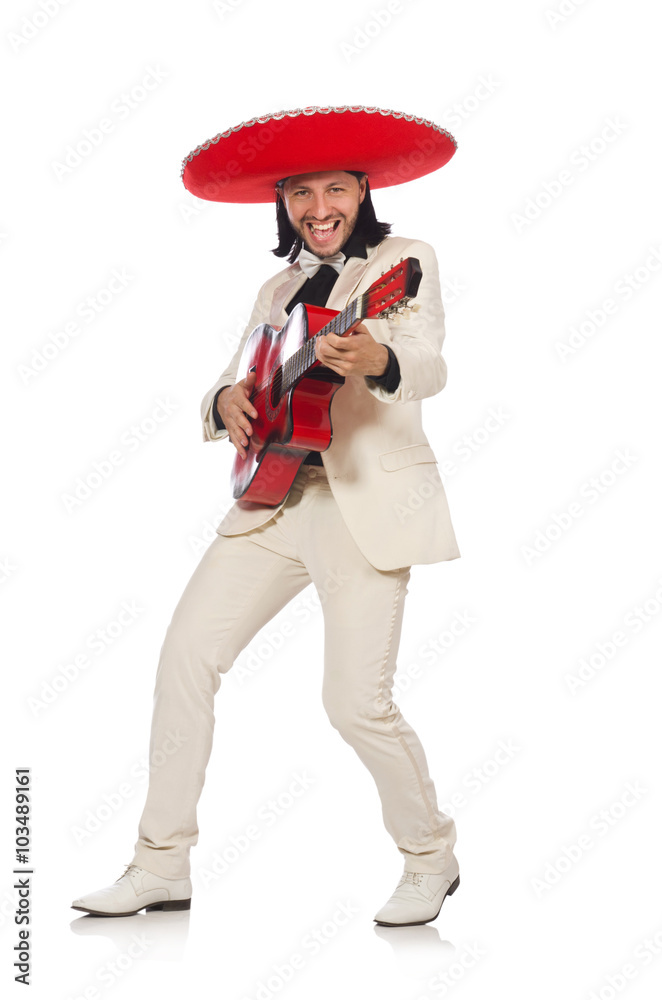Funny mexican in suit holding guitar isolated on white Funny mexican in suit holding guitar isolated on white