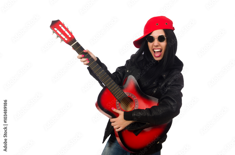 Woman playing guitar isolated on white Woman playing guitar isolated on white