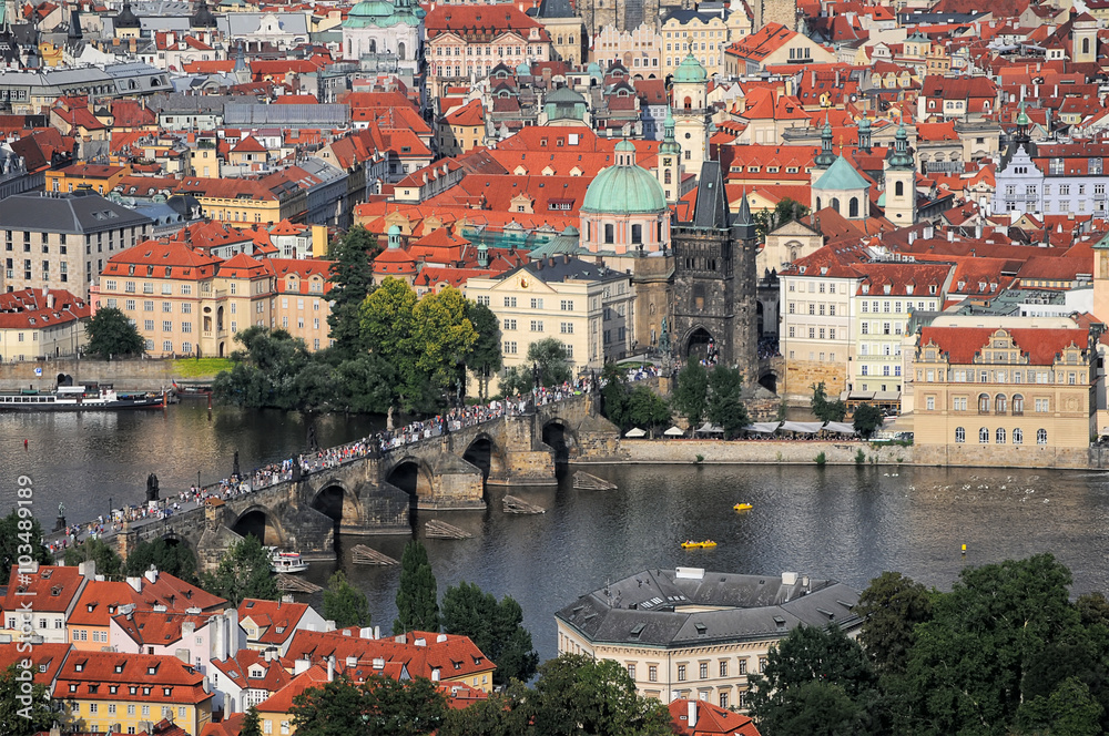 Aerial view of Prague City and Charles Bridge