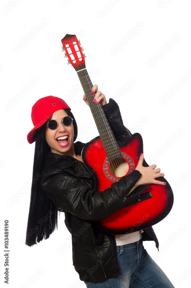 Woman playing guitar isolated on white Woman playing guitar isolated on white