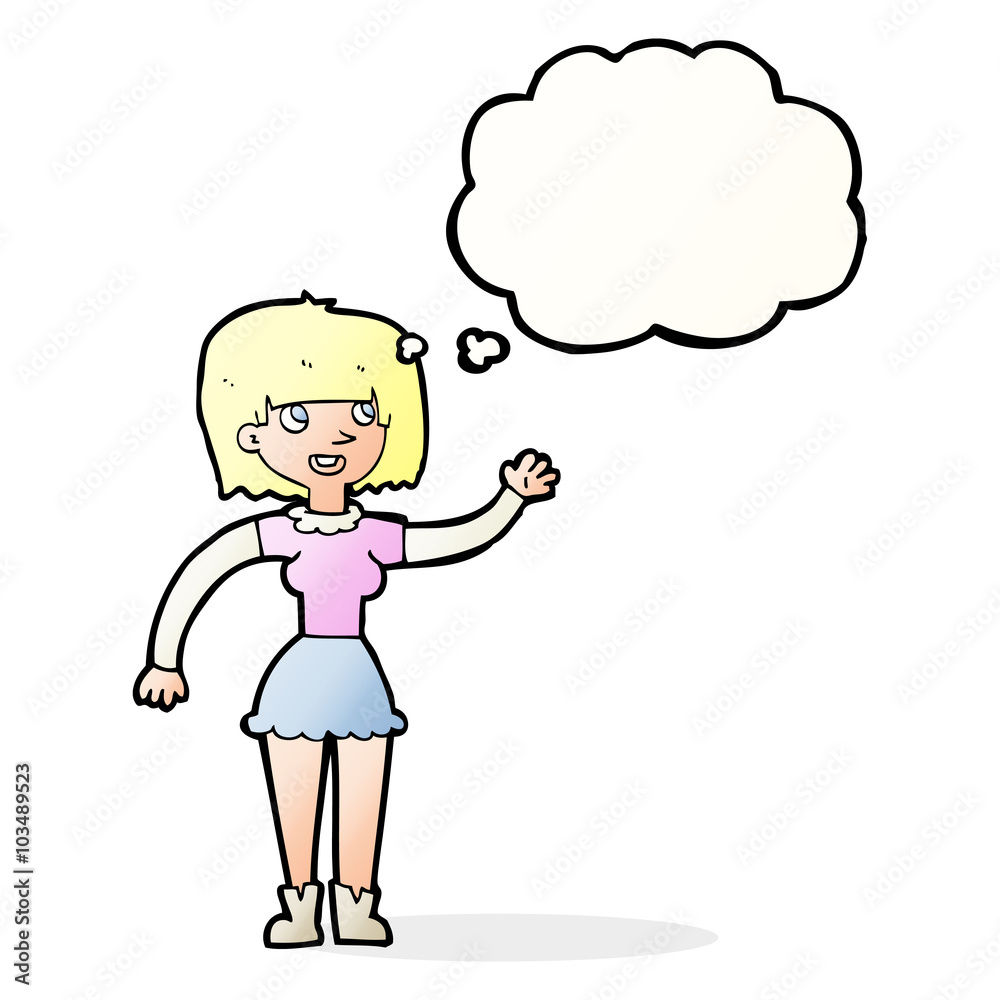 cartoon girl waving with thought bubble cartoon girl waving with thought bubble