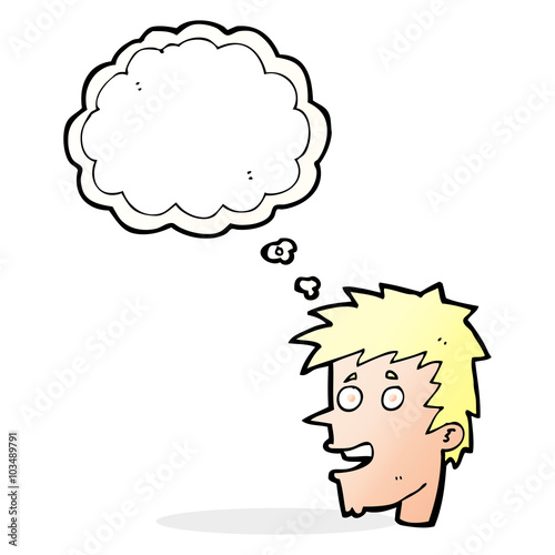cartoon happy boy face with thought bubble