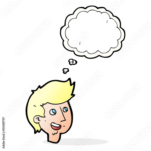 cartoon happy boy face with thought bubble