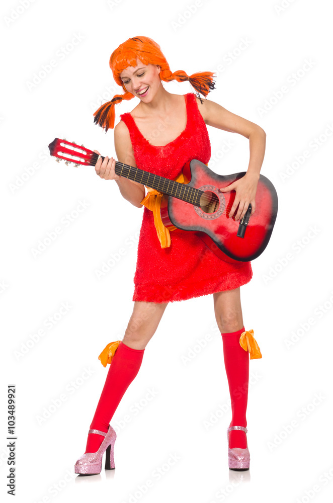 Woman with guitar isolated on white Woman with guitar isolated on white