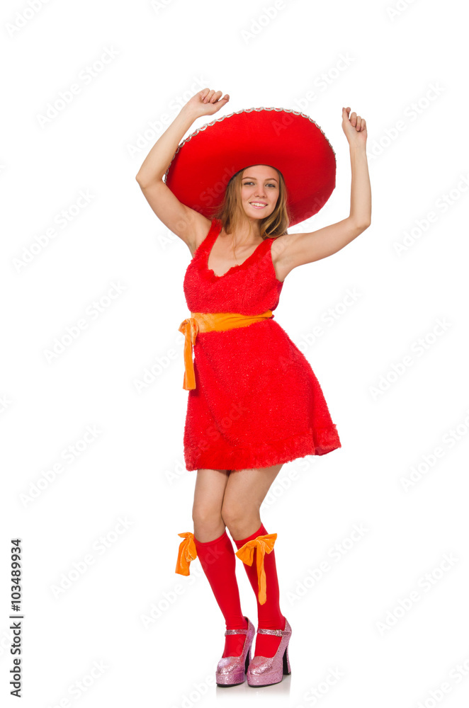 Woman wearing sombrero on the white Woman wearing sombrero on the white