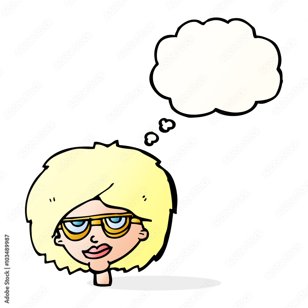 cartoon woman wearing spectacles with thought bubble cartoon woman wearing spectacles with thought bubble