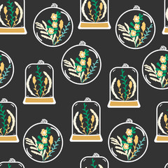 Handdoek met foto Terrariumplanten patronen Seamless pattern with hand drawn floral terrariums. Plant pendant with dried flowers, moss and berries. Colorful vector illustration  © monstreh