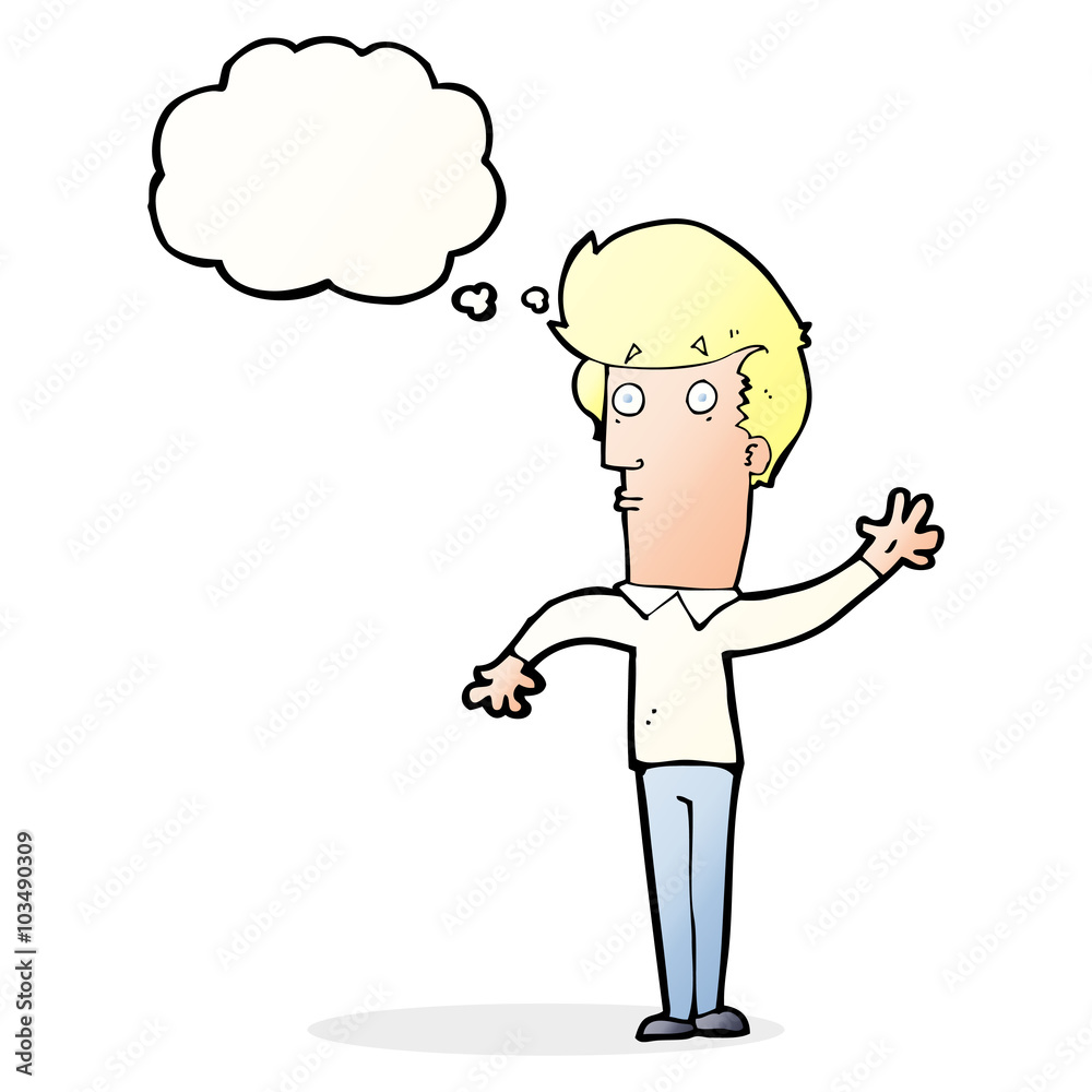 cartoon nervous man waving with thought bubble