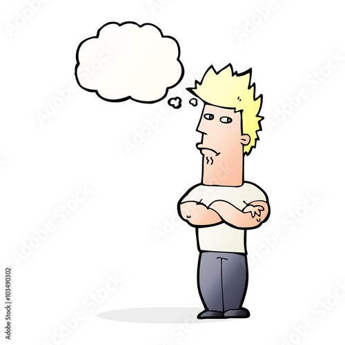 cartoon man sulking with thought bubble