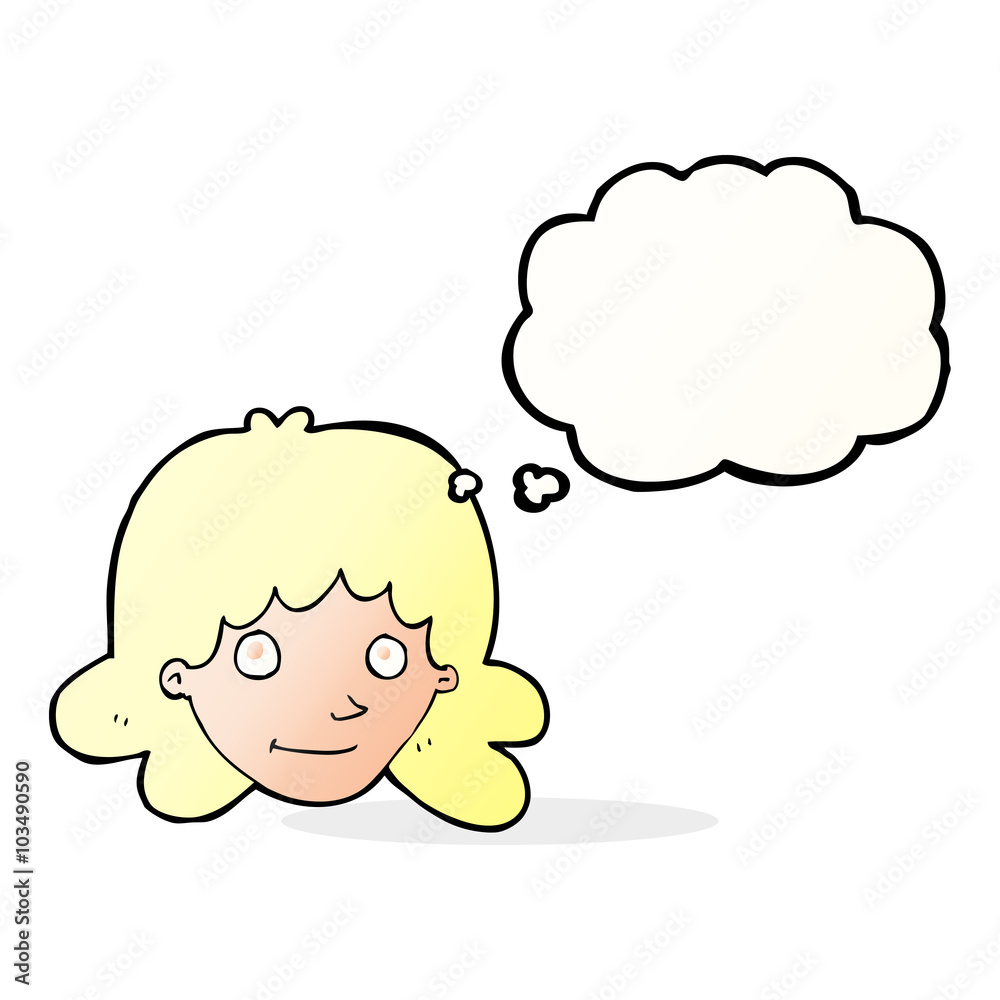 cartoon happy female face with thought bubble