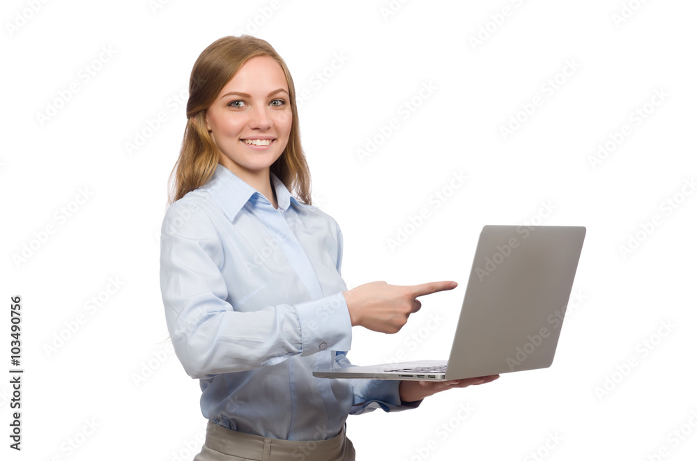 Office employee holding laptop isolated on white Office employee holding laptop isolated on white