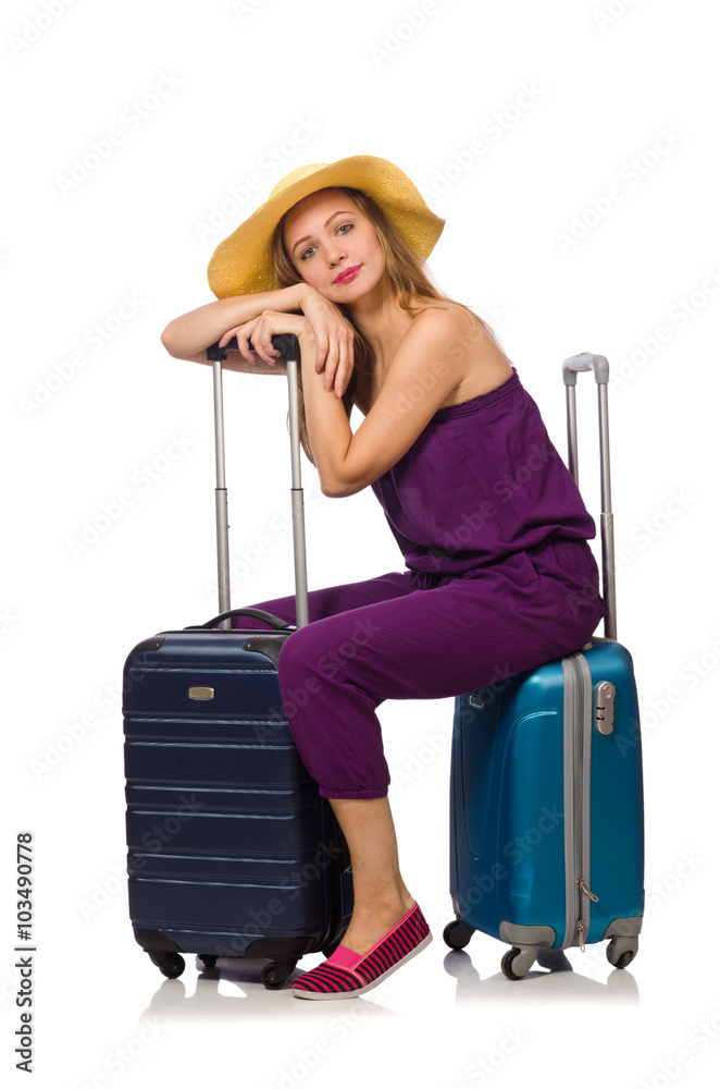 Woman with suitcase isolated on white Woman with suitcase isolated on white