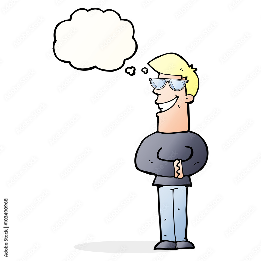 cartoon grinning man with glasses with thought bubble cartoon grinning man with glasses with thought bubble