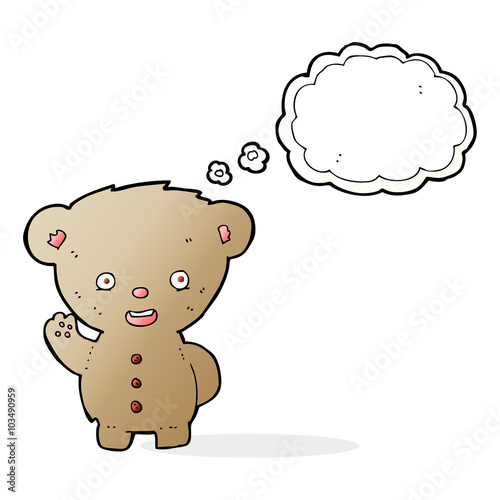 cartoon teddy bear waving with thought bubble