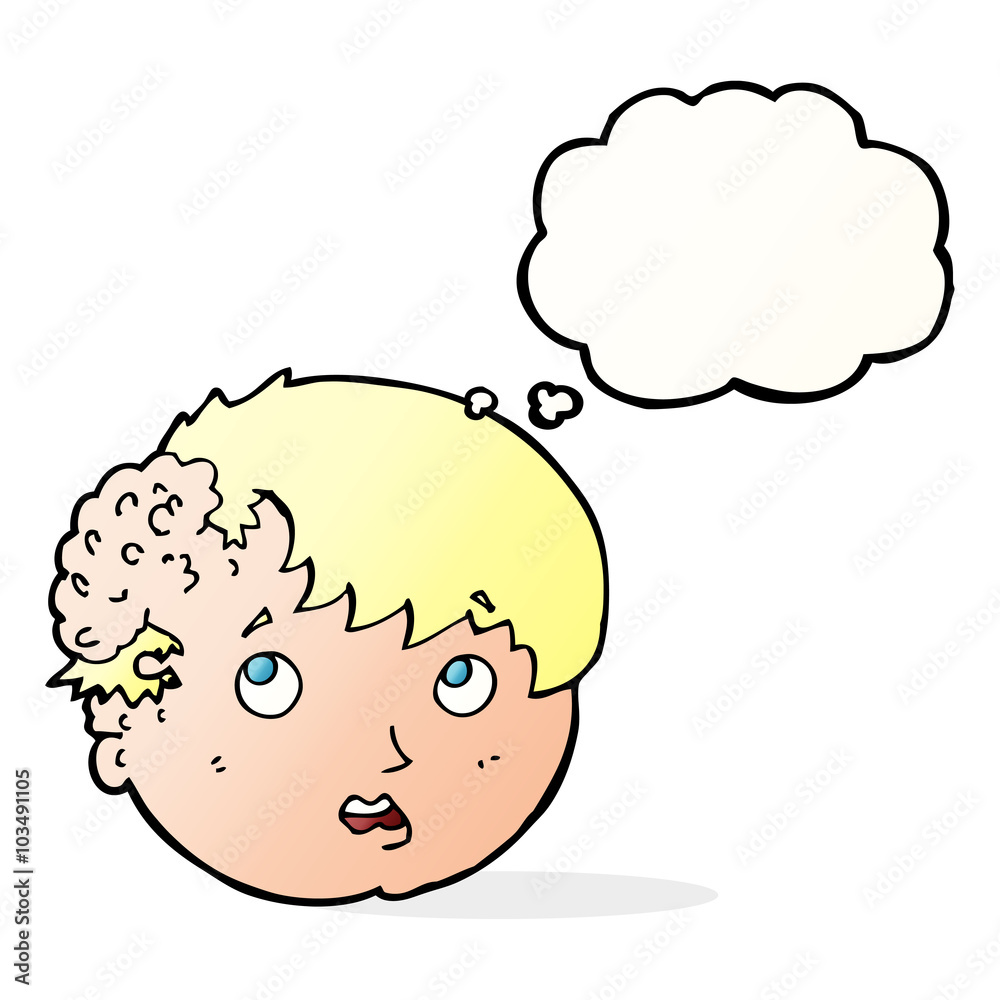 cartoon boy with ugly growth on head with thought bubble cartoon boy with ugly growth on head with thought bubble