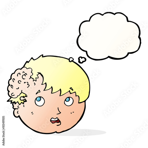 cartoon boy with ugly growth on head with thought bubble
