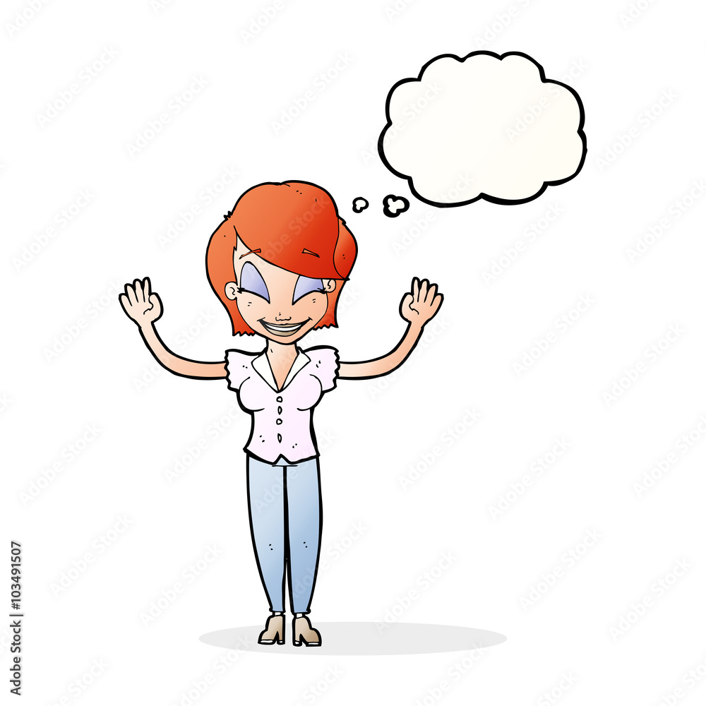 cartoon pretty woman with hands in air with thought bubble cartoon pretty woman with hands in air with thought bubble