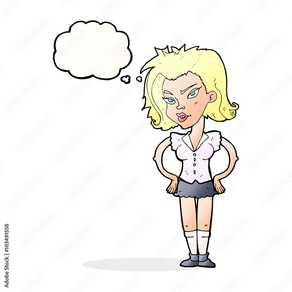 cartoon woman with hands on hips with thought bubble cartoon woman with hands on hips with thought bubble